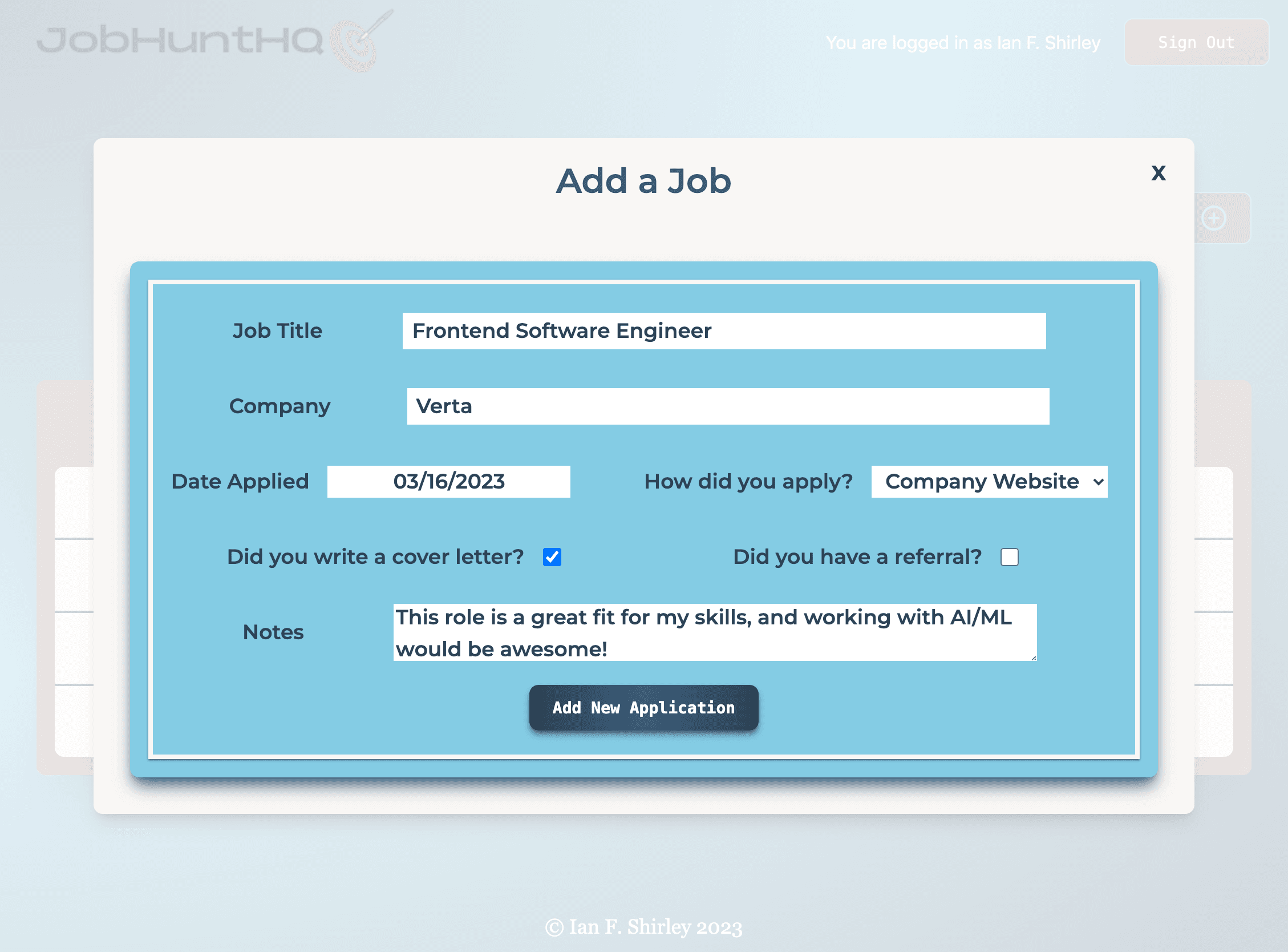 Screenshot of the Add Job Form