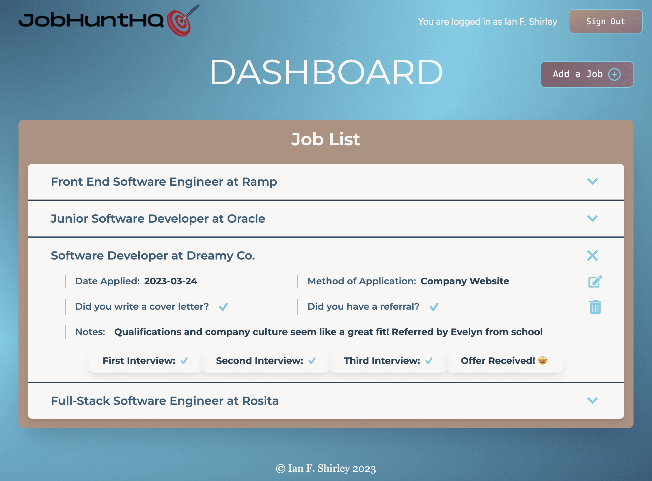 Screenshot of Dashboard Page showing Job List and Job Detail for the selected job